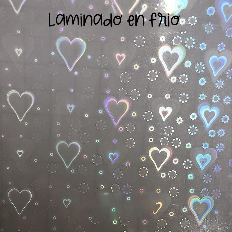 LAMINADO EN FRIO VINILO HOLOGRÁFICO TRANSPARENTE CORAZONES (50 HOJAS)