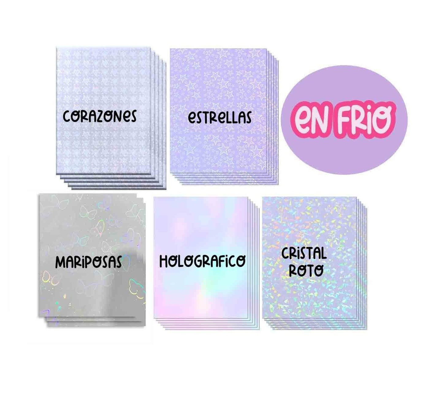 LAMINADO EN FRIO VINILO HOLOGRÁFICO TRANSPARENTE MIX (10 HOJAS)