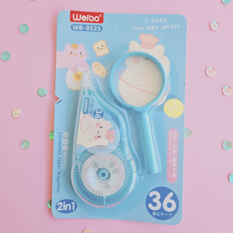 CINTA CORRECTORA Y LUPA GATO AZUL