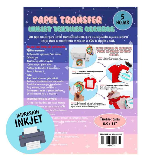 PAPEL TRANSFER INKJET TEXTILES OSCUROS CARTA (5 HOJAS)