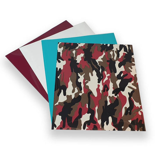 VINILO TEXTIL MIX CAMUFLAJE, BLANCO, TURQUESA Y VINO (4 PCS)