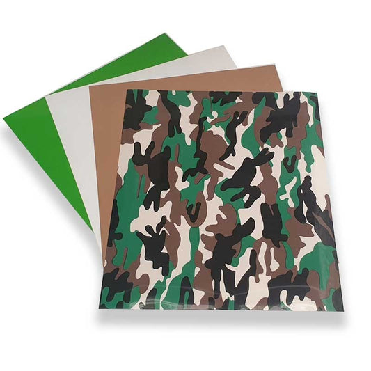 VINILO TEXTIL MIX CAMUFLAJE VERDE, BLANCO, VERDE Y CAFE CLARO (4 PCS)