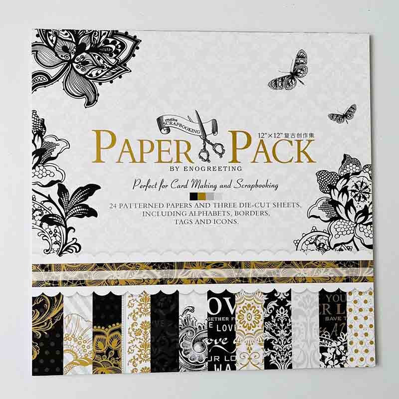PAPEL VINTAGE NEGRO Y FOIL  30,5 X 30,5 CM (24 PCS)