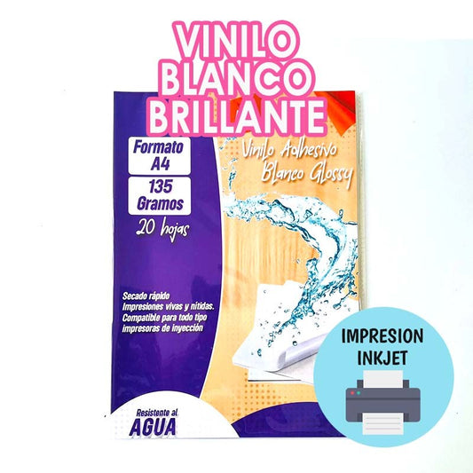 VINILO ADHESIVO BLANCO GLOSSY IMPRIMIBLE INKJET (20 HOJAS)