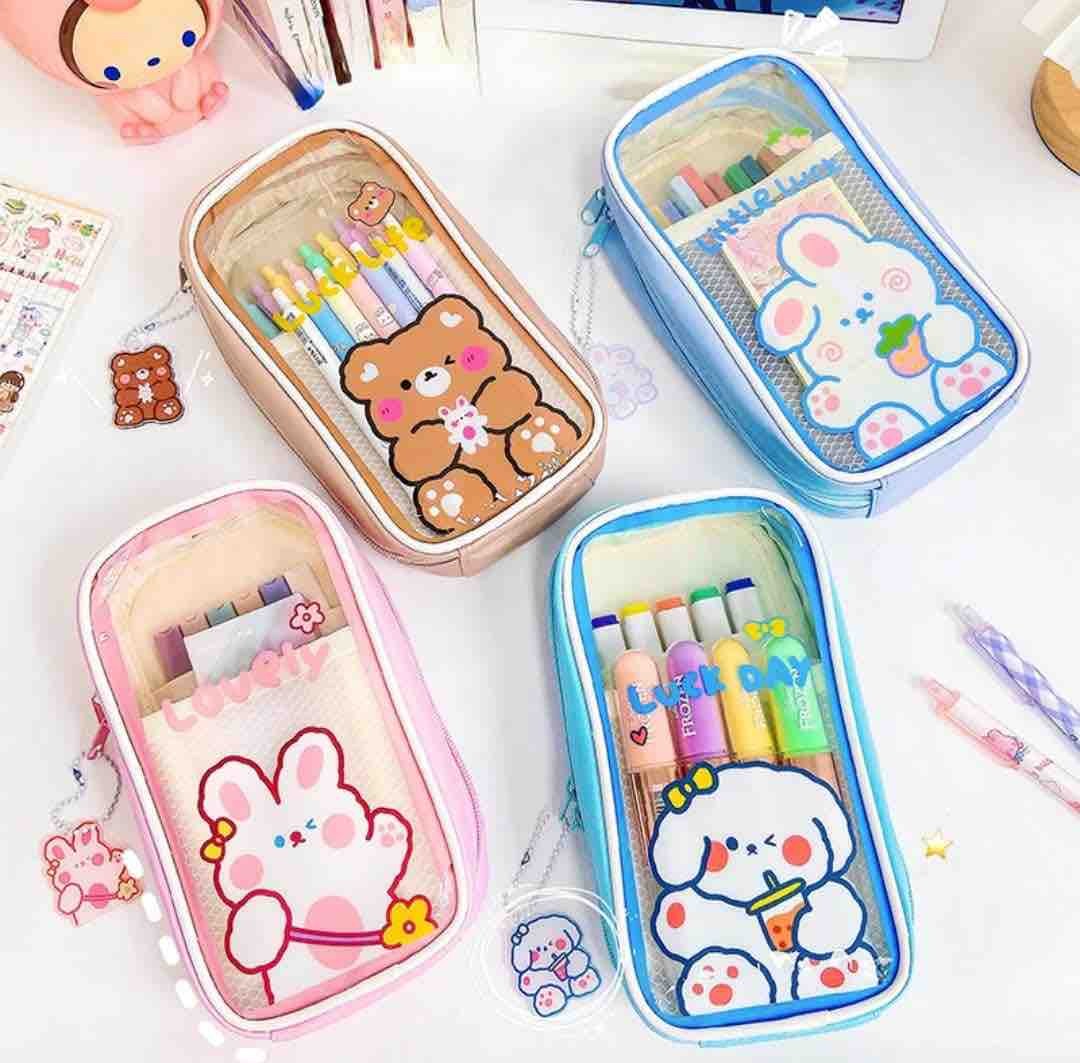 CARTUCHERA MALLA TRANSPARENTE CAFE