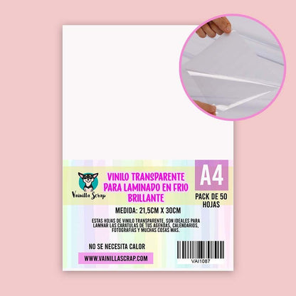 VINILO TRANSPARENTE BRILLANTE PARA LAMINADO EN FRIO A4 (50 PCS)