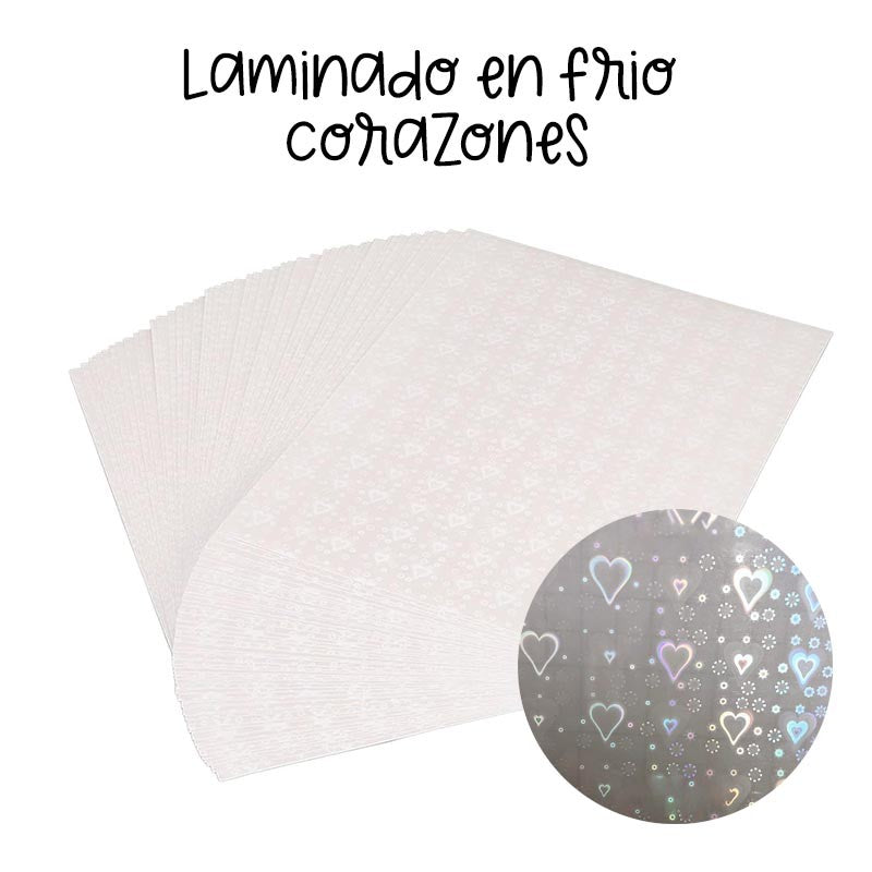 LAMINADO EN FRIO VINILO HOLOGRÁFICO TRANSPARENTE CORAZONES (50 HOJAS)