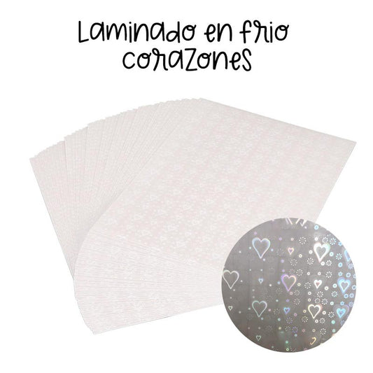 LAMINADO EN FRIO VINILO HOLOGRÁFICO TRANSPARENTE CORAZONES (10 HOJAS)