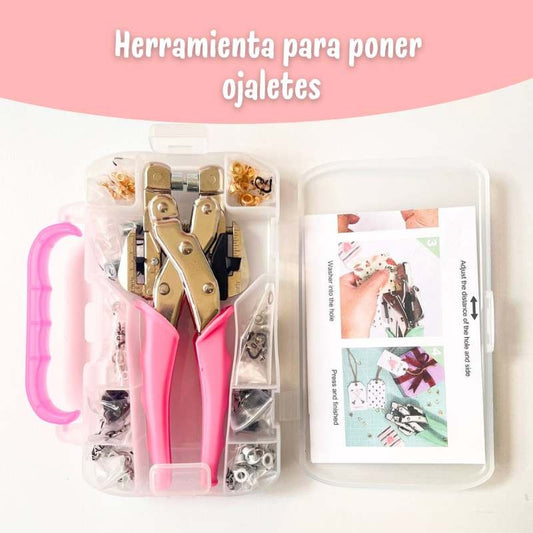HERRAMIENTA PARA COLOCAR OJALETES CON ESTUCHE ROSA