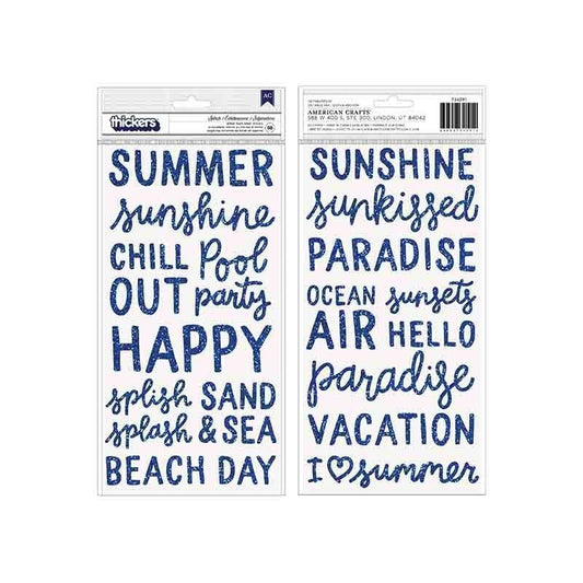 STICKERS PALABRAS CON GLITTER AZUL SUMMER TIME PEBBLES (88 PCS)