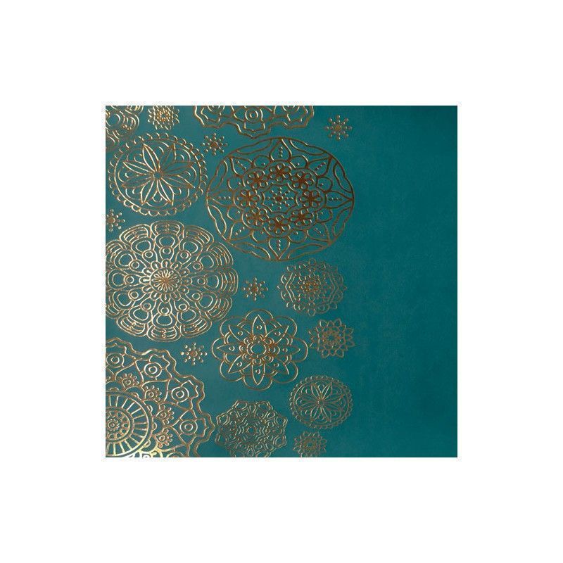 ECOPIEL TURQUESA CON ESTAMPADO DE BLONDAS DORADAS (50cm x 25cm)