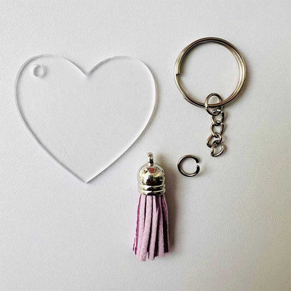 ACRILICO DE CORAZON + BORLA + CADENA PARA LLAVERO